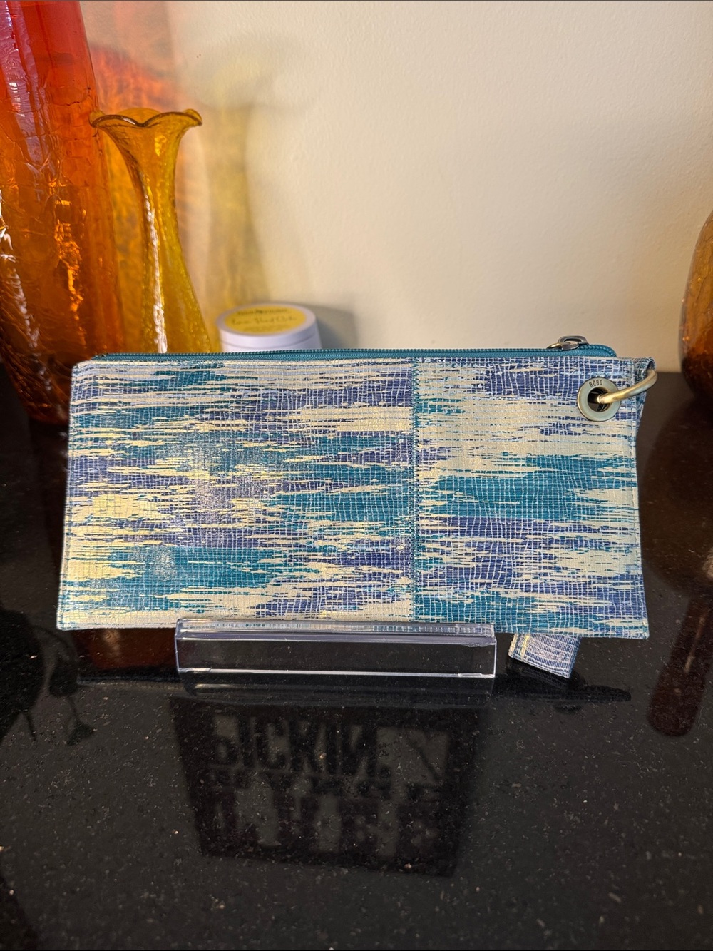 HOBO Blue Multi-Texture Wristlet Clutch with Yellow Accents - Picture 4 of 9